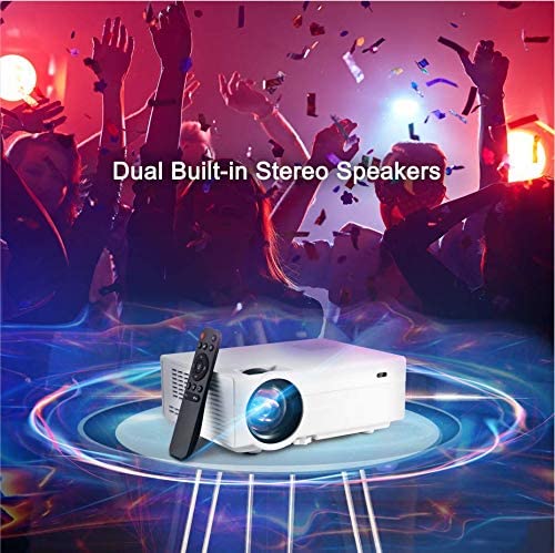 FunLites Video Projector ,4900 Lux 1080P Supported Projector, 60,000 Hours Lamp Life with Synchronize Smartphone Screen, Compatible with TV Stick, HDMI, TV Box, PS4, Include Tripod