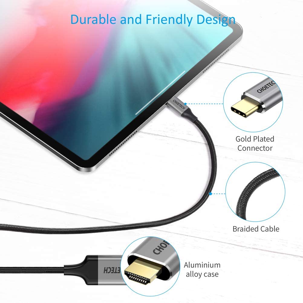CHOETECH USB C to HDMI Cable(4K@60Hz), USB Type C to HDMI Cable Adapter Thunderbolt 3 Compatible with MacBook Pro 2020/2019, iPad Pro/MacBook Air 2020,Samsung S10/S9/S8, Dell XPS 13/15-2M