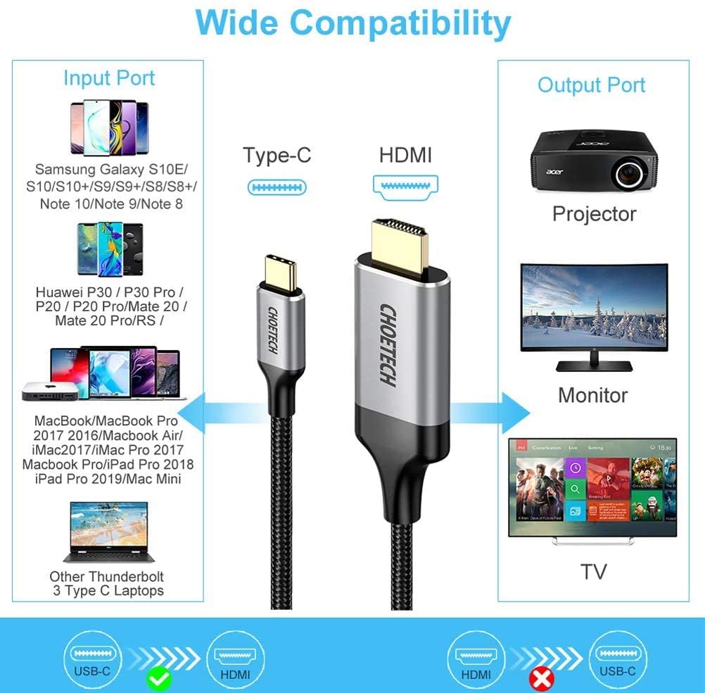 CHOETECH USB C to HDMI Cable(4K@60Hz), USB Type C to HDMI Cable Adapter Thunderbolt 3 Compatible with MacBook Pro 2020/2019, iPad Pro/MacBook Air 2020,Samsung S10/S9/S8, Dell XPS 13/15-2M