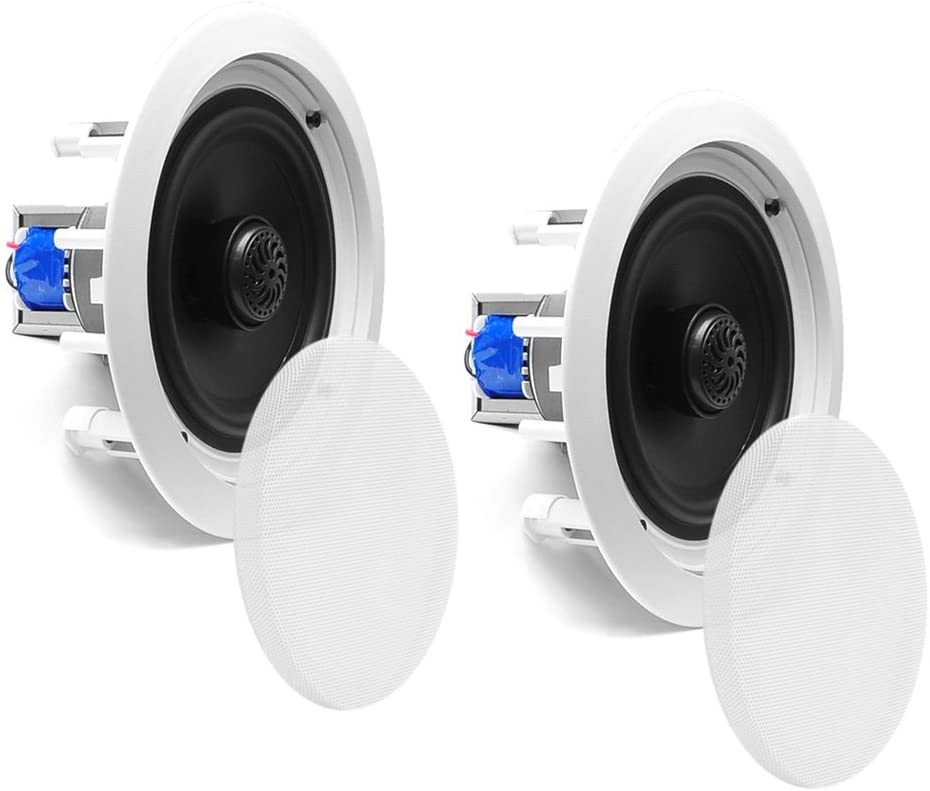 6.5” Ceiling Wall Mount Speakers - Pair of 2-Way Midbass Woofer Speaker 70v Transformer 1” Titanium Dome Tweeter Flush Design w/ 65Hz-22kHz Frequency Response & 250 Watts Peak - Pyle PDIC60T