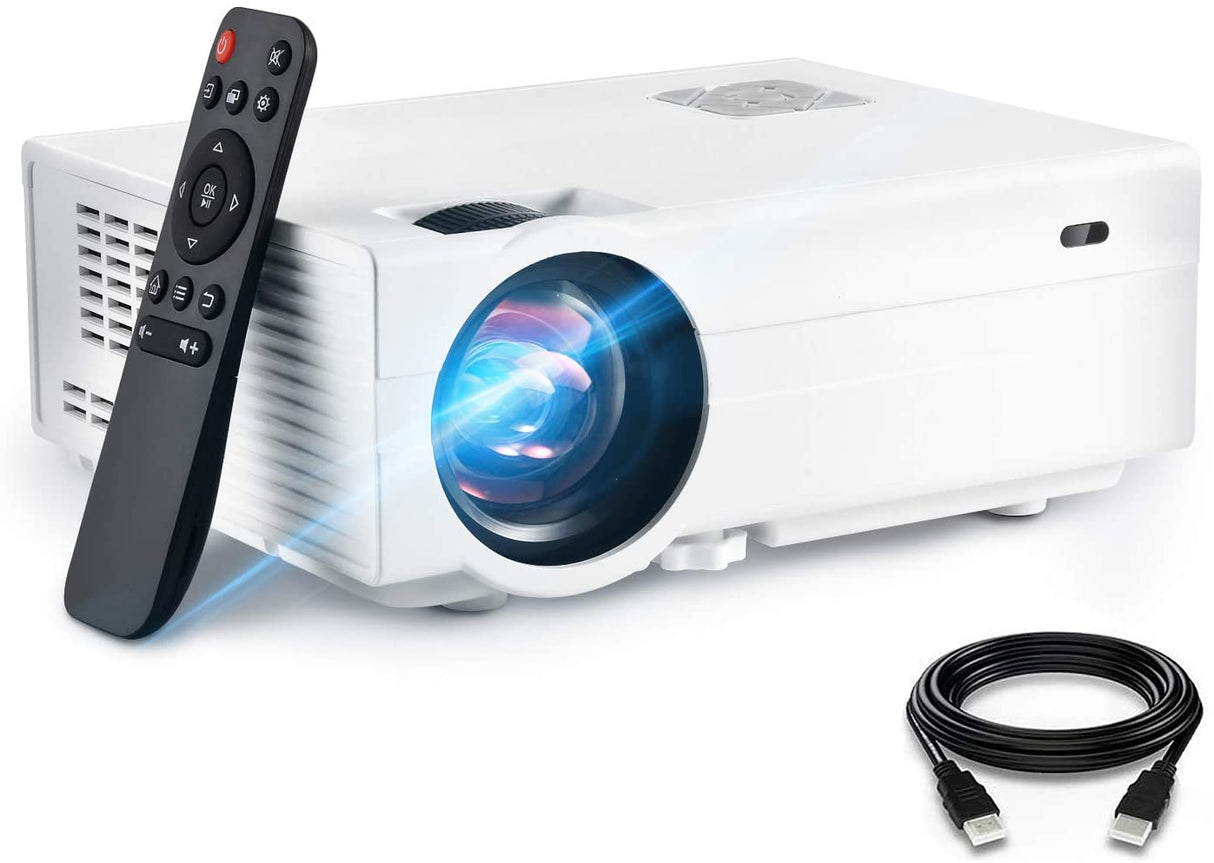 FunLites Video Projector ,4900 Lux 1080P Supported Projector, 60,000 Hours Lamp Life with Synchronize Smartphone Screen, Compatible with TV Stick, HDMI, TV Box, PS4, Include Tripod