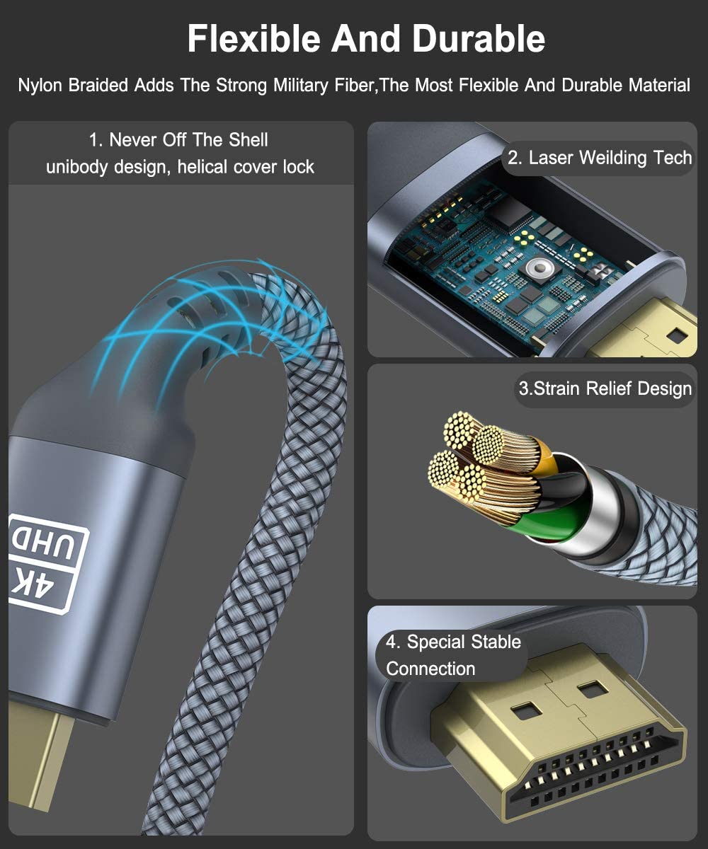HDMI Cable (2 Pack 10FT),Akoada 4K High Speed HDMI 2.0-28AWG Nylon Braided Cable 4K 60Hz HDR Video HDCP2.2 3D 2160P 1080P Compatible with Ethernet ARC UHD TV,PS4 / 3,X-Box, Monitor 4K Fire Netflix Etc