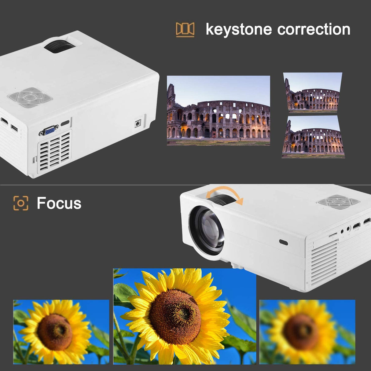 FunLites Video Projector ,4900 Lux 1080P Supported Projector, 60,000 Hours Lamp Life with Synchronize Smartphone Screen, Compatible with TV Stick, HDMI, TV Box, PS4, Include Tripod