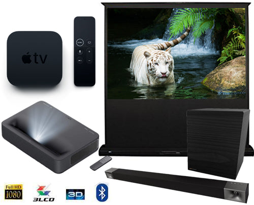 4KUST PROJECTOR 150" ALR FLOOR RAISING SCREEN KLIPSCH SOUNDBAR AND APPLE TV